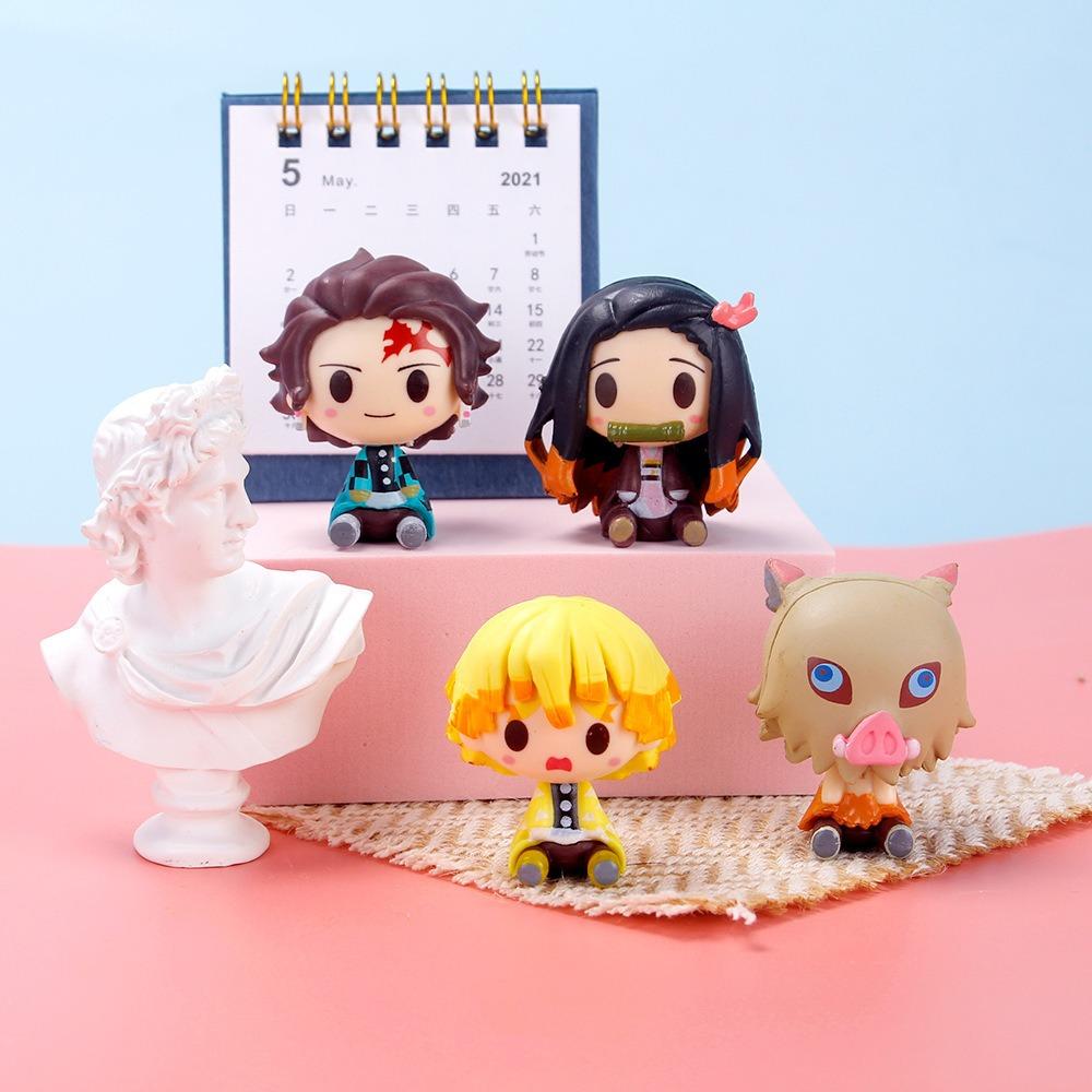 4Pcs/Set Q Version Demon Slayer Sitting Ghost Doll 4cm Tanjiro Nidouzi Inosuke Zenizu Figure Action Figure Movie Model Toys