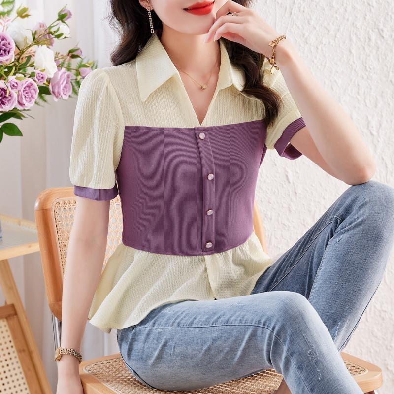 Waist Shirt Women Summer Short Sleeve New Style Chic Beautiful Fashion Fake Two-piece Top
