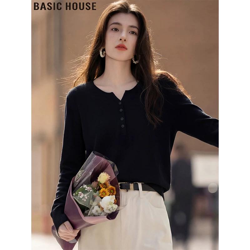 Basic House Women s Half-Zip Long Sleeve Soft Knit Top S чёрный