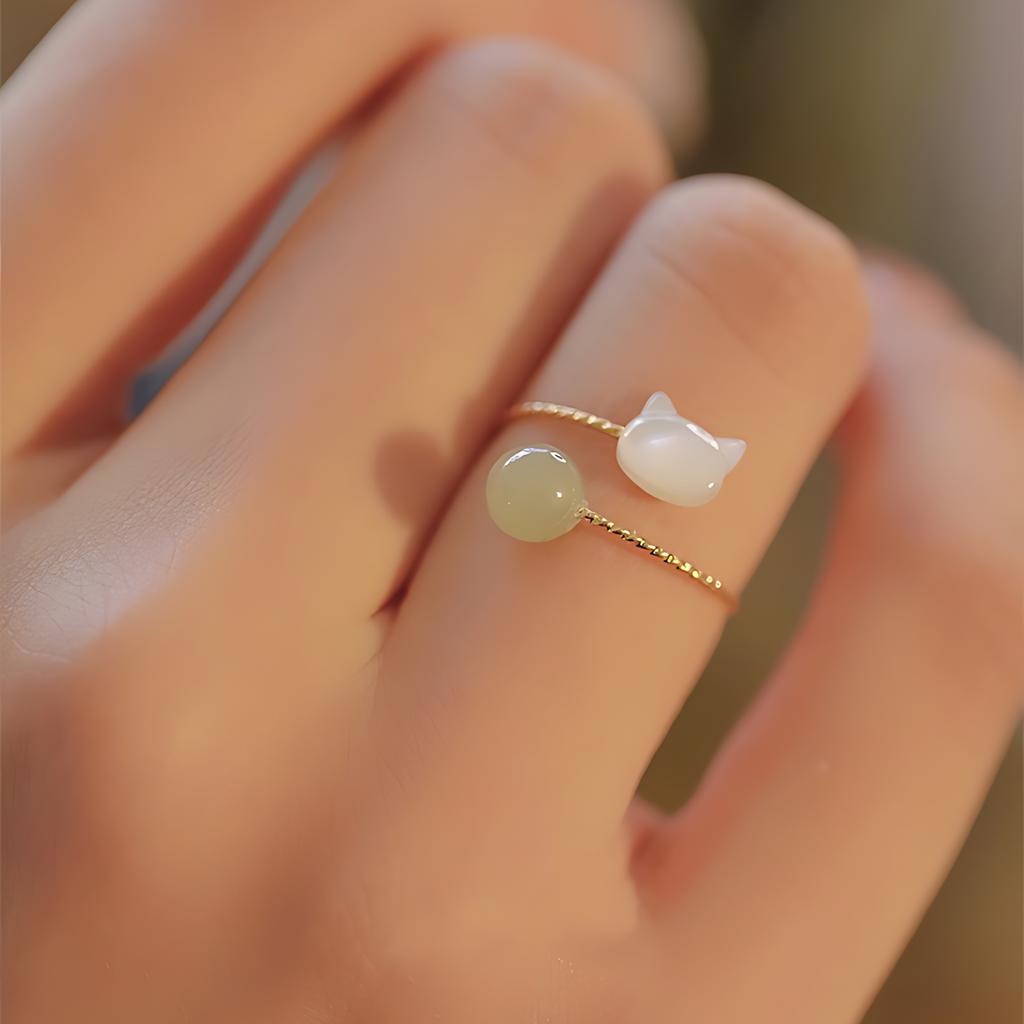 PANJBJ Anello Geometrico in Argento Sterling 925 con Giada di Hotan per Donna Ragazza Regolabile Gioielli Delicati Retrò Regalo di Compleanno Dropshipping