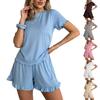 Solid Color Crew Neck T-Shirt Elastic Waistband Shorts Set with Ruffled Edges Soft Lightweight Lounge Wear for Women