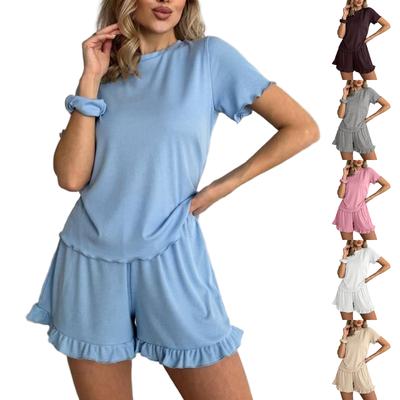 Solid Color Crew Neck T-Shirt Elastic Waistband Shorts Set with Ruffled Edges Soft Lightweight Lounge Wear for Women