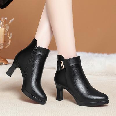 Fashion Winter Warm Metal Decoration Women Boots Black Pointed Toe Square Heels Concise Office Soft Leather Thick Sole Anti-slip Boots
