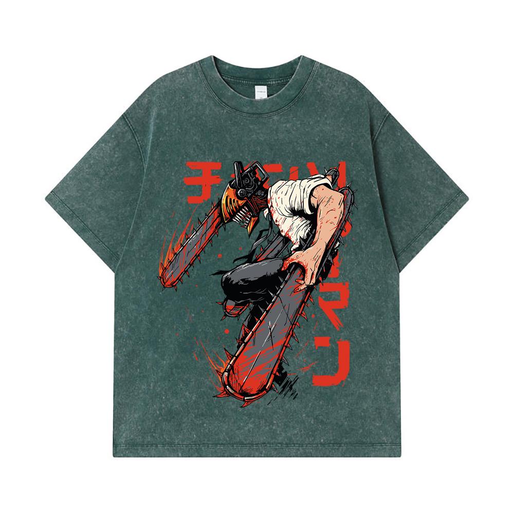 275 GSM Washed T-shirts 100% Cotton Chainsaw Man V21 Denji Print Unisex Heavy Cotton T Shirt