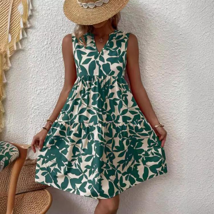 Sommermode Böhmisch Bedrucktes Plisseekleid Damen Locker V-Ausschnitt Lässig