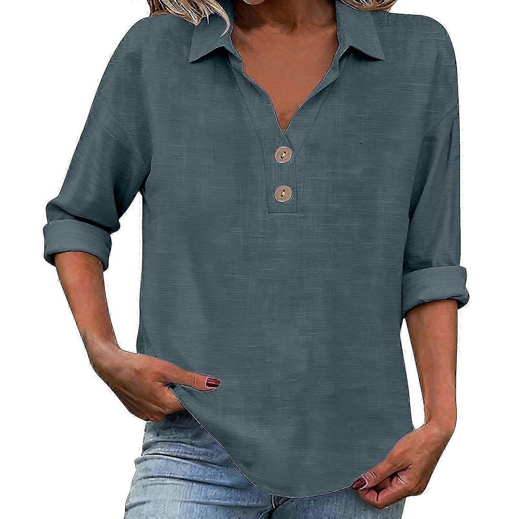 Flash Promo-Women's Linen Top with Three-quarter Sleeves, Casual and Elegant V-neck Pullover, Button-down Shirt Blue Color XXL