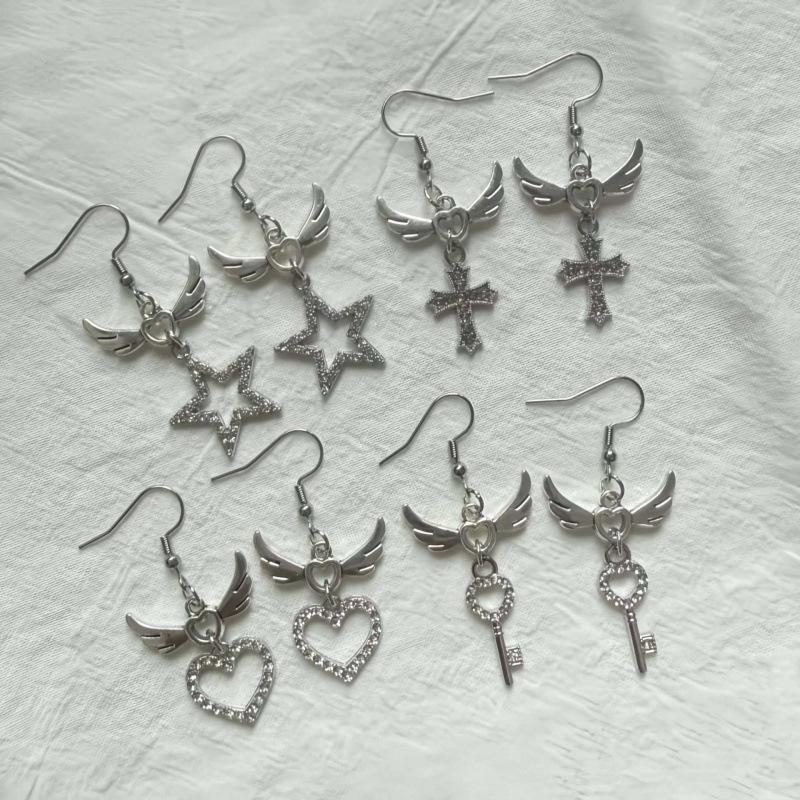 Japanese Sweet Rhinestone Heart and Angel Wings Earrings