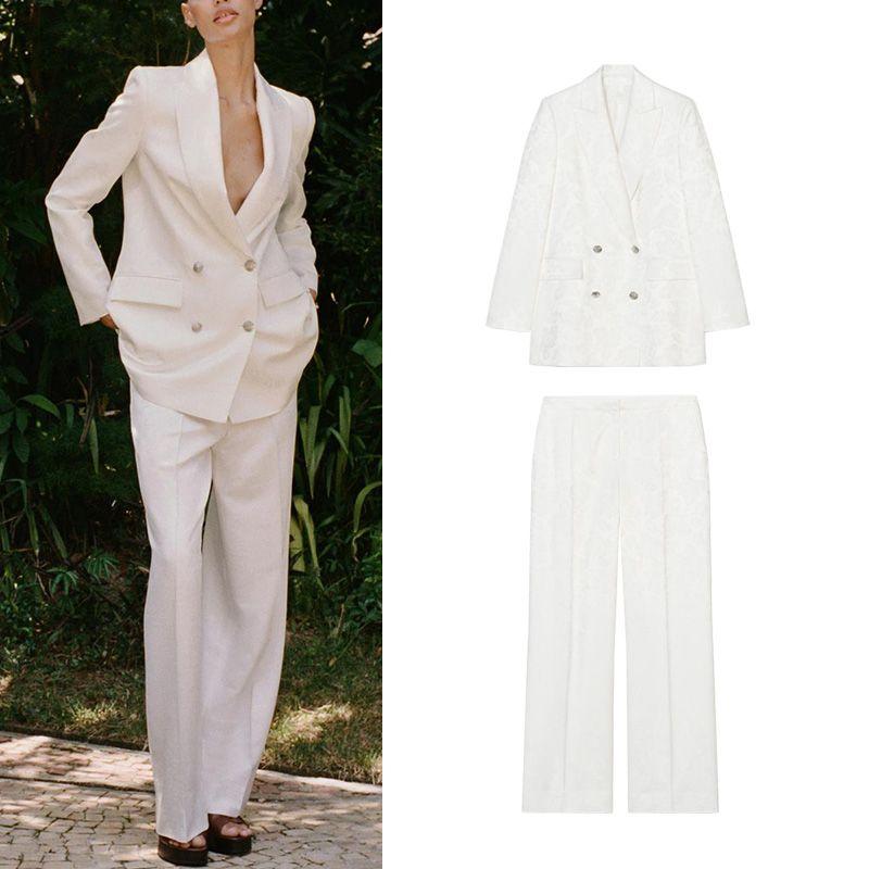 Double Breasted Long Sleeves Casual Suit Jacket 2863635 Loose High Waist Jacquard Casual Pants 2860635