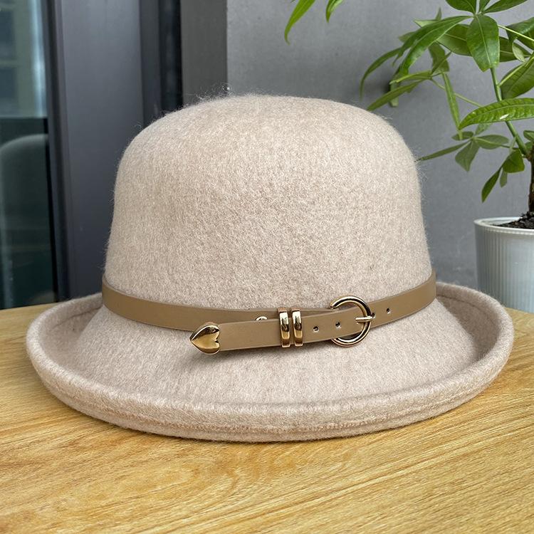 New wool hemming belt buckle dome bucket hat women's autumn and winter versatile British top hat tide