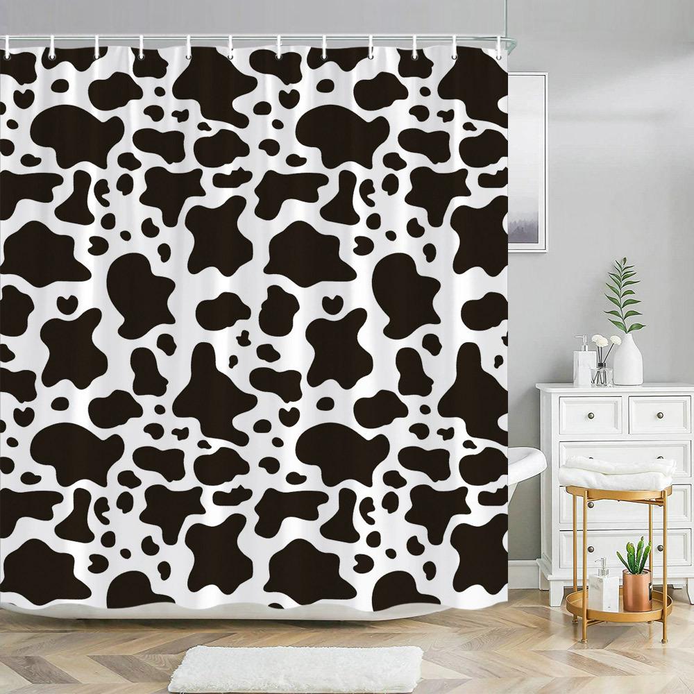 

1Pc Cowhide Pattern Bath Curtain, Black Cow Spots On White Background, Random Amoeba-Like Shapes, Minimalist Design, Modern Cowh W60H190(CM)-1 Pcs