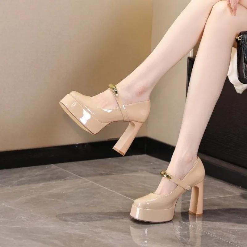 2025Spring and Summer New Square-toed Platform Temperament Versatile One-word with Metal Buckle Square Heel Women's High Heels