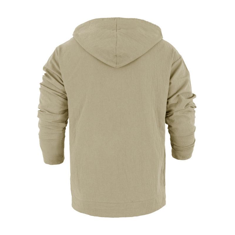 Men's Linen Hooded Long-Sleeved T-Shirt Beachwear & Leisurewear Loose Fit with Large Pockets Henley Neck Top