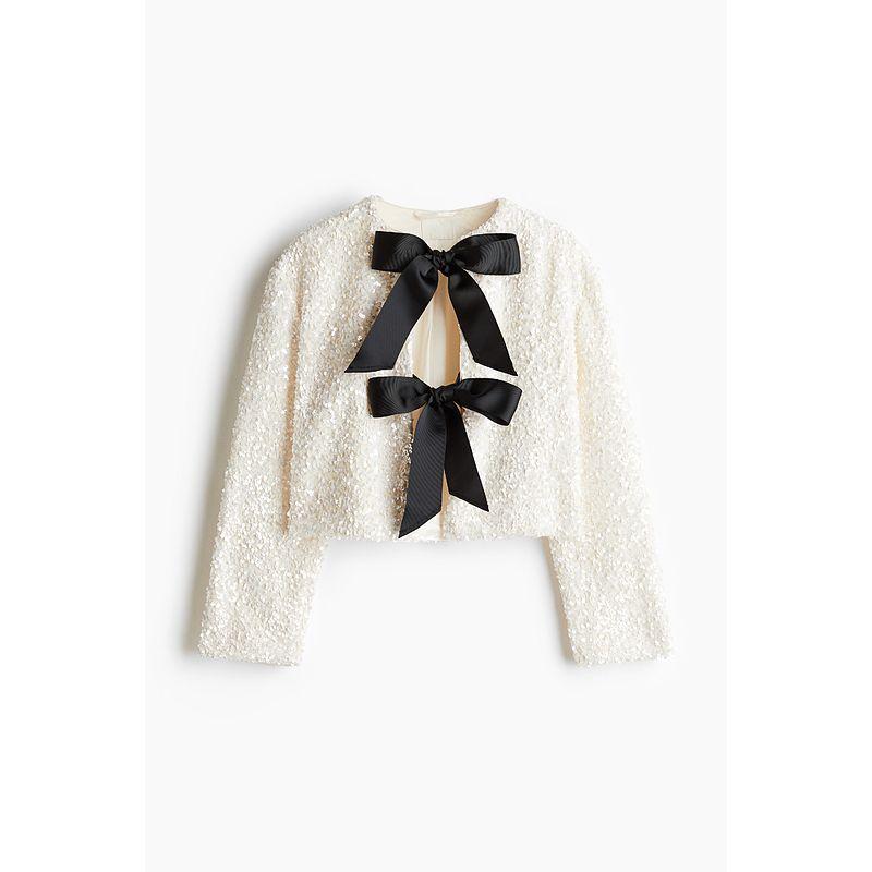 

HM Women s Naist Autumn Fashion Bowknot Dress round Neck Sequins Long Sleeves Short Cardigan 1258249 Cream color 170/104