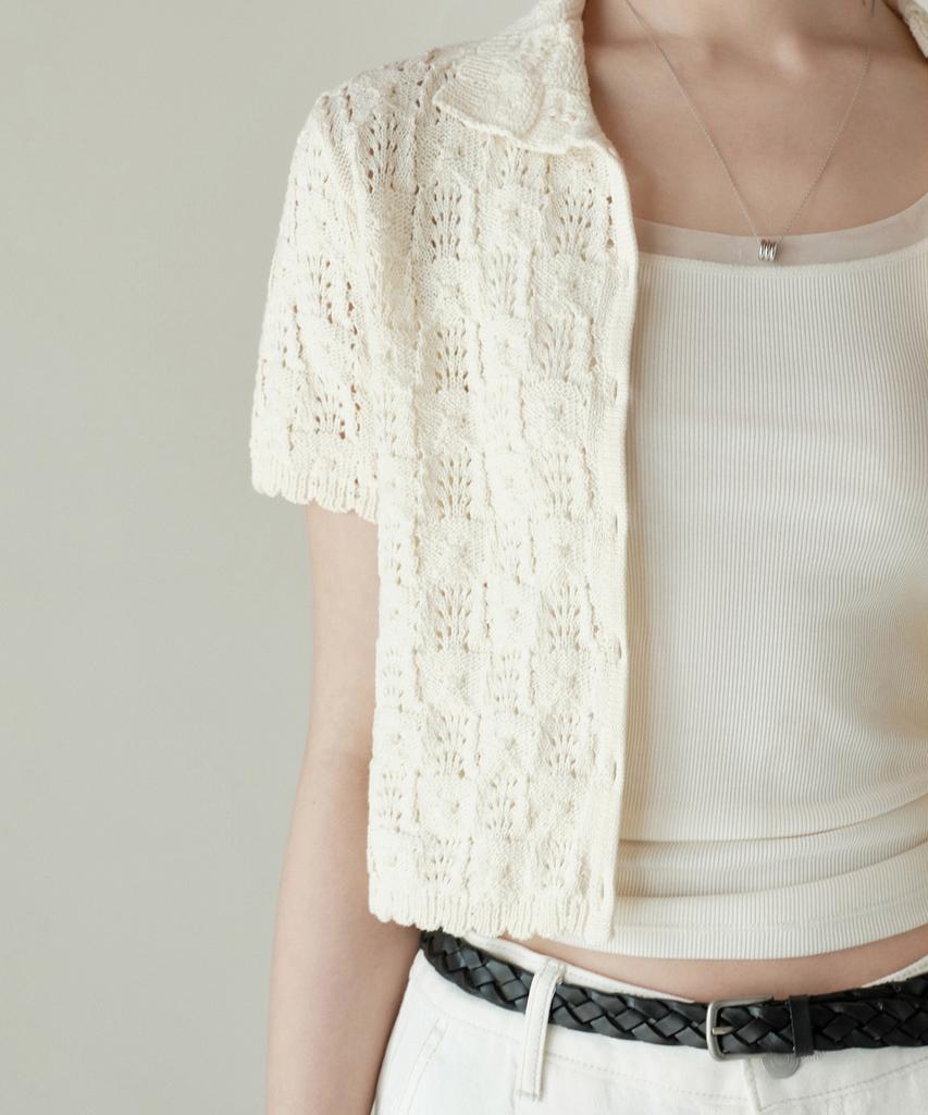Musinsa Standard Woman Women'S Square Crochet Collared Short Sleeve Cardigan [Butter Cream]