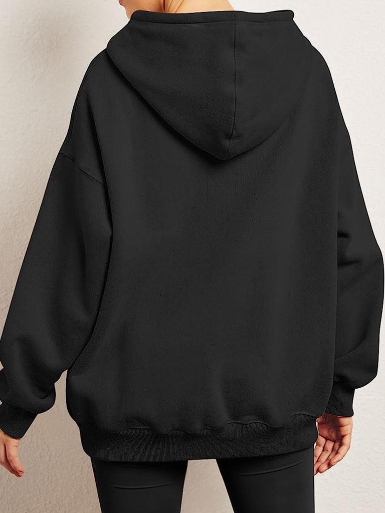European and American Women's Casual Loose Solid Color Plus Velvet Hooded Sweatshirt - New Autumn/Winter Style