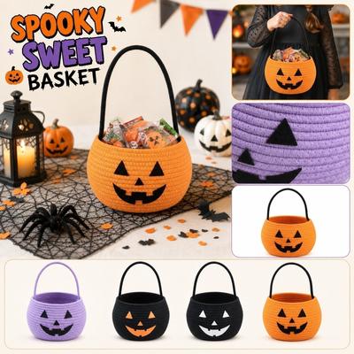 Handgeflochtener Baumwollseilkorb mit Griff Halloween Kürbis Design Aufbewahrungs Organizer Behälter für Zuhause Bürogebrauch Langlebig und Leicht