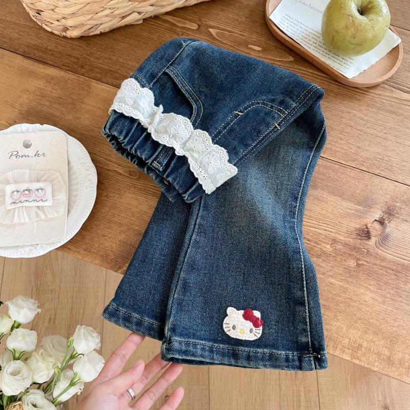 Girls' Cartoon Cat Embroidered Flared Denim Jeans with Lace Waist - Super Sweet Autumn Pants
