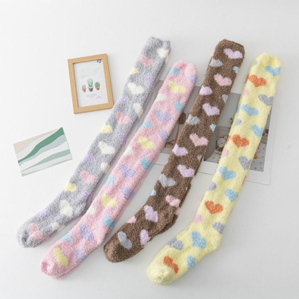 Heart Coral Fleece Stockings Thicken Warm Long Tube Socks Comfortable Floor Plush Stockings  Winter