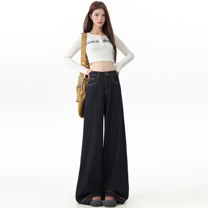 Women's Black and Gold High-Waisted Wide-Leg Denim Pants - 2025 Early Autumn Design
