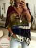 Plus Size Women's Casual V-neck Three-quarter Sleeves, Fluorescent Contrast Stitching Print, Loose and Trendy Street Style Top