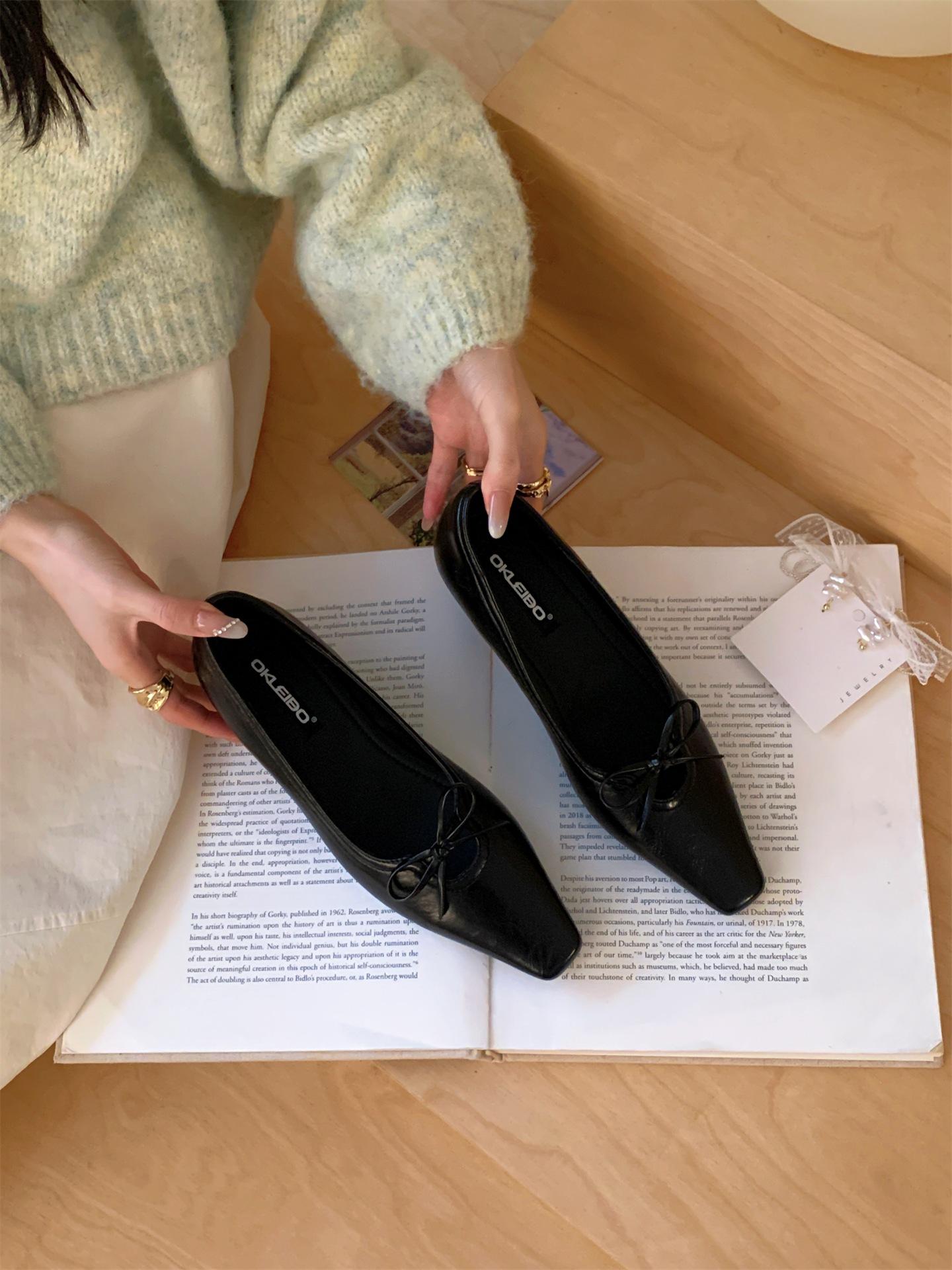 

Okleibo Spring Gentle Wind Square Head Shallow Mouth Single Shoes Women S Versatile Inner Height Increase Bow Soft Sole 39 чорний