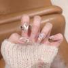Handmade Press On Nail SpringSummer French Sparkling Nude Cat Eye 3D Carved Flowers Diamond Medium Coffin Fake Nail Patch Artificial Nail Reusable