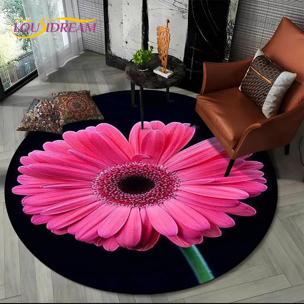 3D Daisy Nordic Flower Sunflower Round Area Rug,Carpet for Living Room Children's Bedroom Sofa Playroom Decor,Non-slip Floor Mat