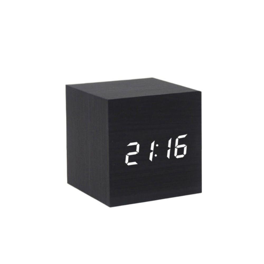 Voice Control Square Digital LED Alarm Clock Retro USB/AAA Powered Glow Clock Wood Multifunctional Desk Clock Gift