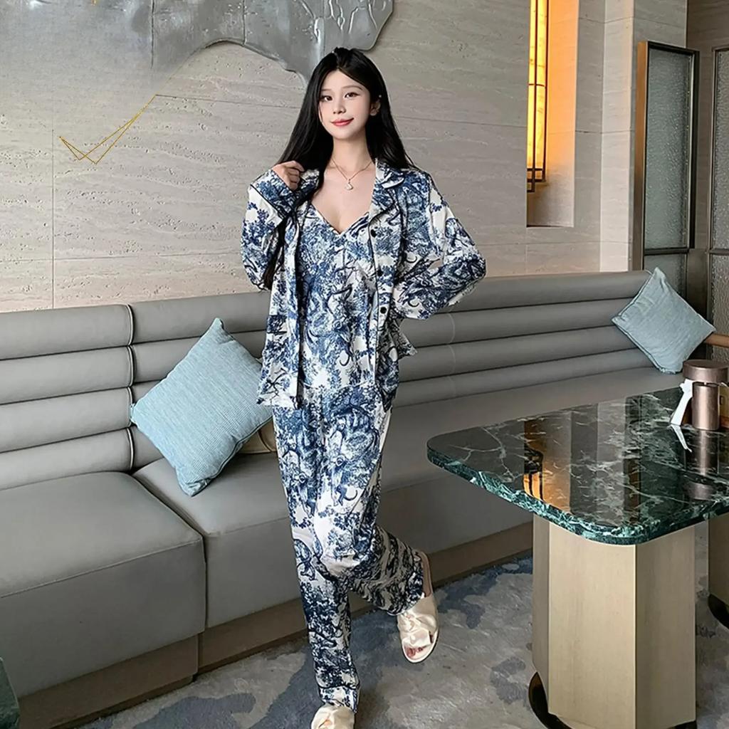 Sling Pajamas Women's Summer Home Clothes Ice Silk Pajamas Three-piece Ice Silk Pajamas Women's Spring and Summer