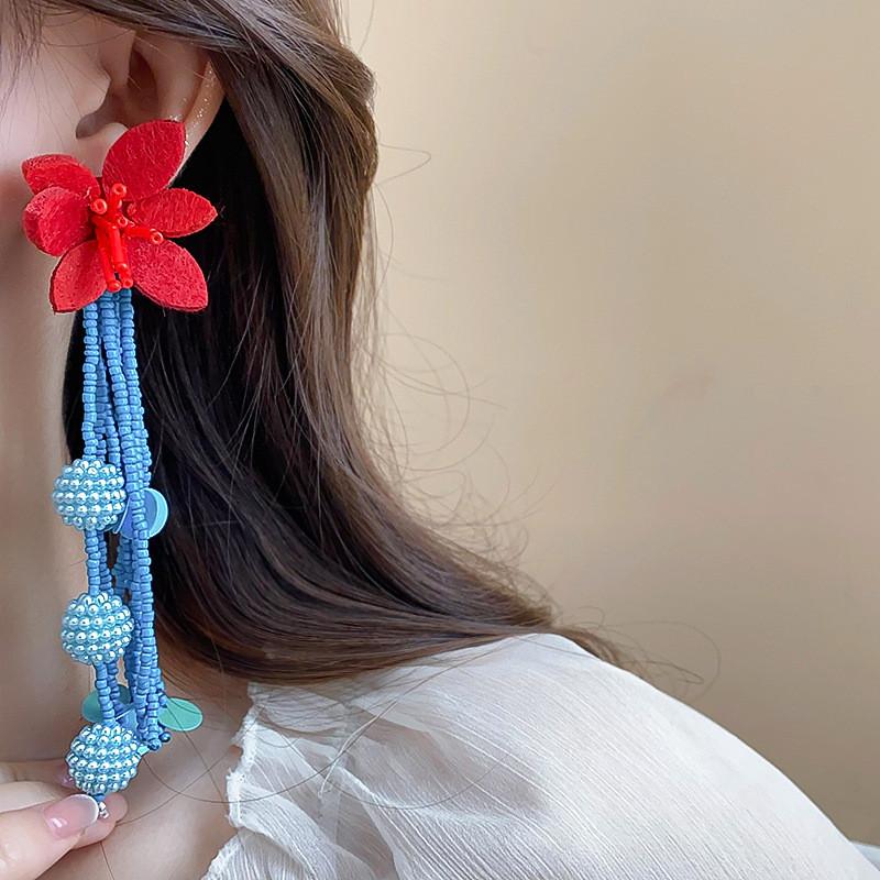 Vintage Floral Long Tassel Earrings For Women With Alloy Material And Handcrafted Design
