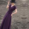 Lanseer Elegant V-Neck Pleated Purple Midi Dress