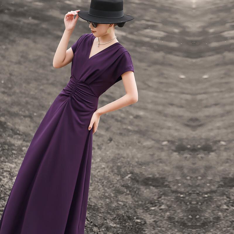 Lanseer Elegant V-Neck Pleated Purple Midi Dress
