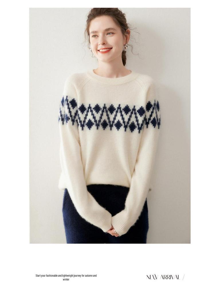 Women's Cashmere Round Neck Jacquard Sweater - Thick, Stylish, and Soft for Autumn/Winter