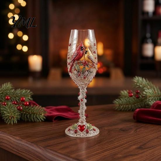 Decorative Desktop Ornaments Hand-painted Wine Glass, Bird And Floral Pattern Design Stem Goblet, Drinking Cups Artistic Crystal Borosilicate