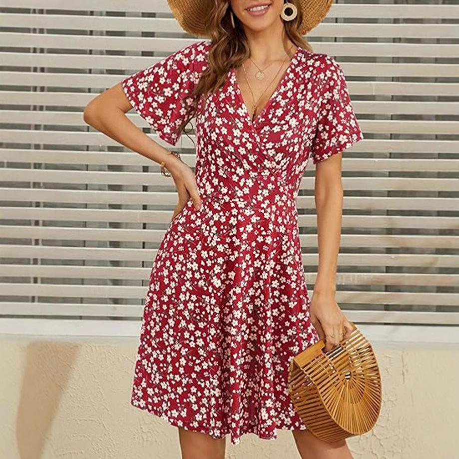 Ladies' Sun Dress, Summer Floral Short-sleeved V-neck Dress
