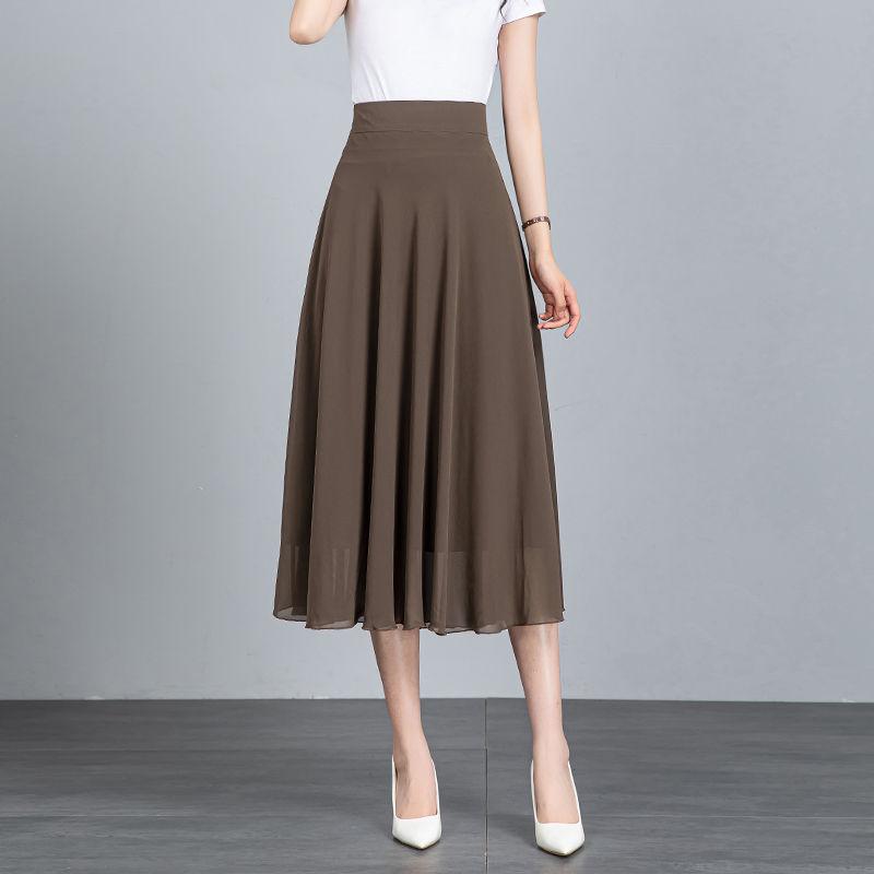 Sommer Neuer Einfarbiger Hellbrauner Chiffonrock Mittellang A-Linie Großer Schwung Damenrock Knielanger Rock