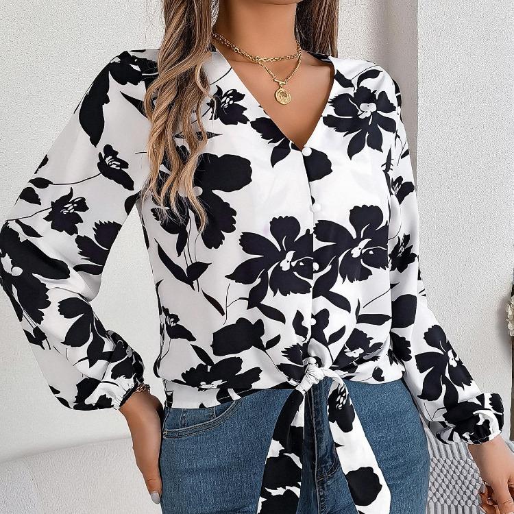 Women V-Neck Long Sleeve Blouse Stylish Print Shirt for Spring Autumn Season