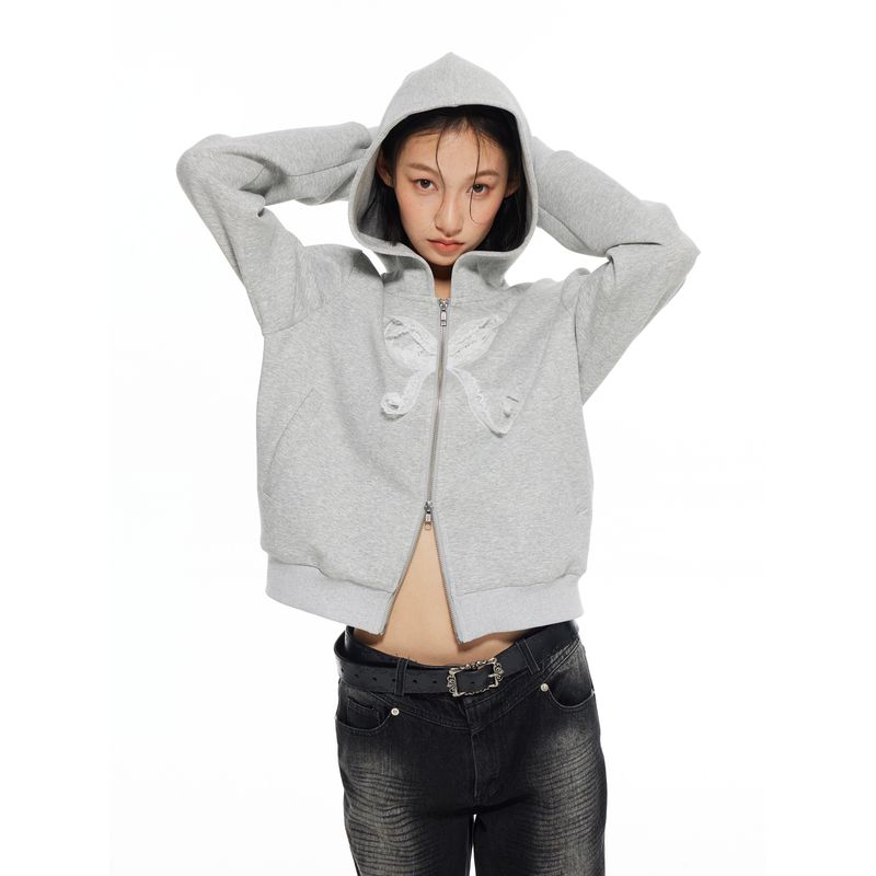 

Lace Butterfly Thelight Melange Gray Short Fit Hooded Sweatshirt Women s Autumn New Arrival Oxygen Feeling Cardigan Outwear Gray L