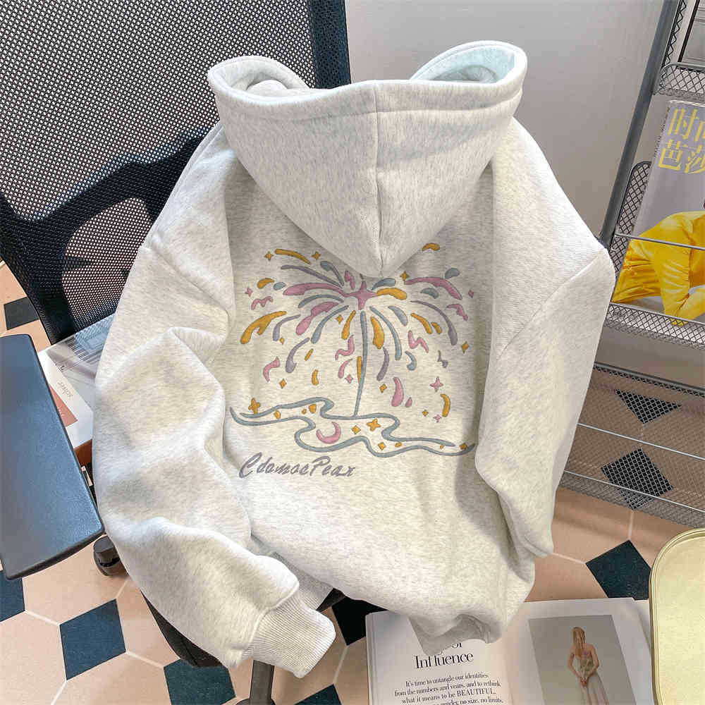 Damen Kapuzenpullover mit langen Ärmeln, Oversized Fit, Lässiger Stil, Feuerwerk-Print, Pullover mit Kapuze, Herbst, Paare, Streetwear Top