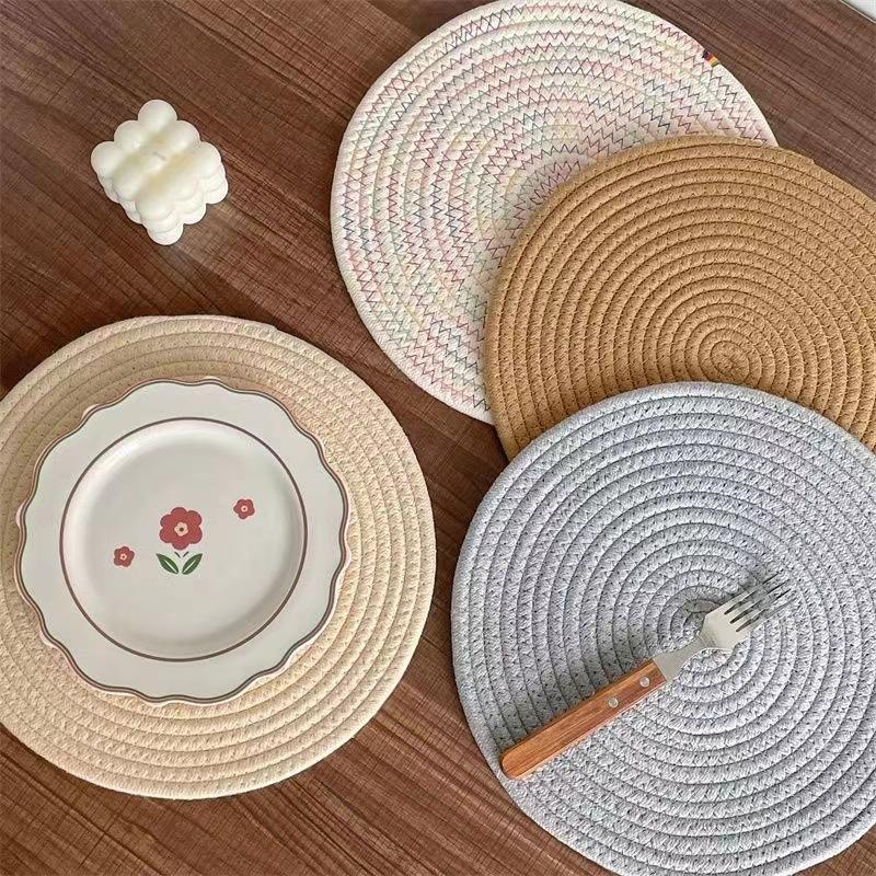 Manteles Individuales Redondos Tejidos de Algodón Resistentes al Calor Antideslizantes Trenzados Lavables para Mesa de Comedor Cocina Decoración del Hogar