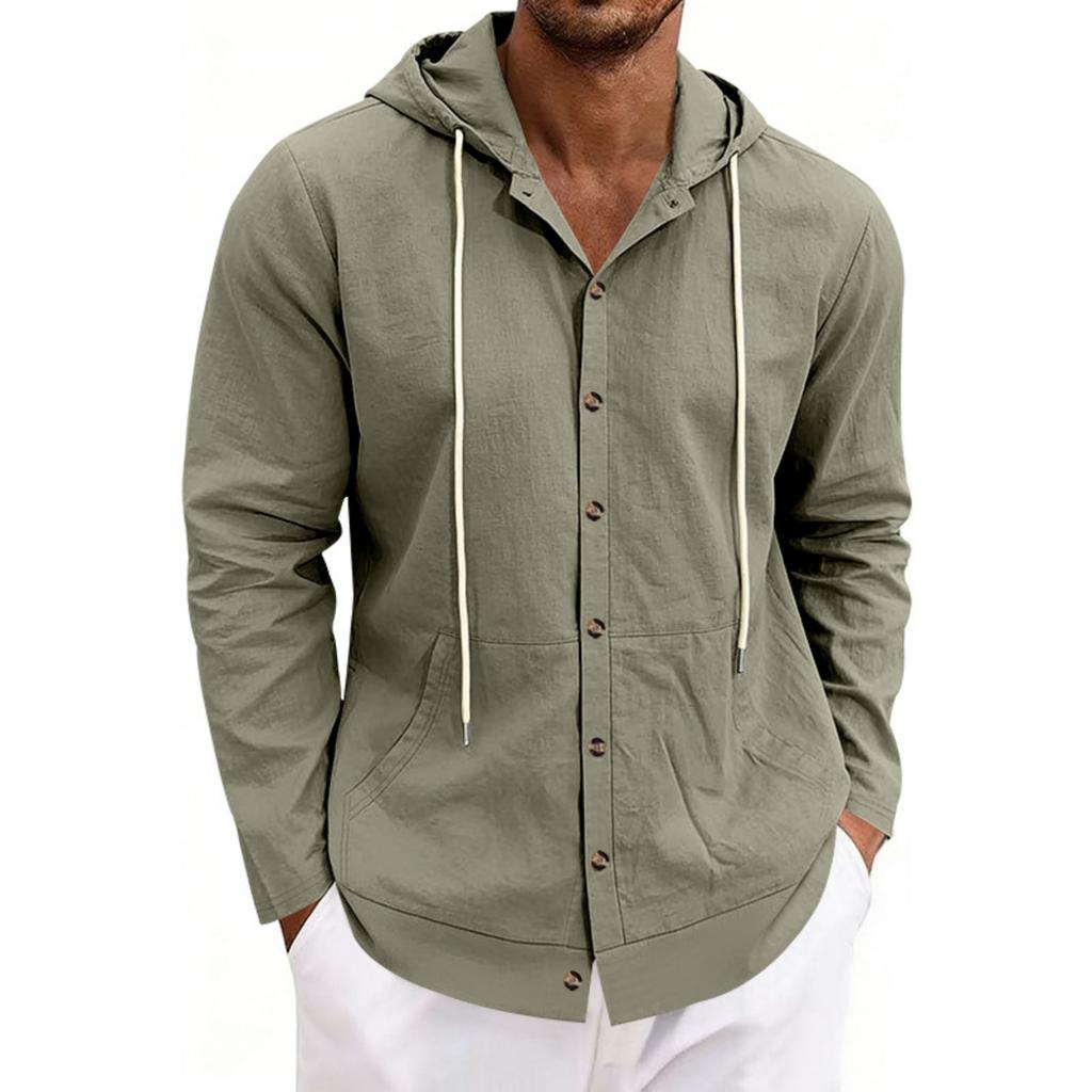 Men's Linen Casual Hooded Long Sleeve Cardigan Shirt for Beach Summer