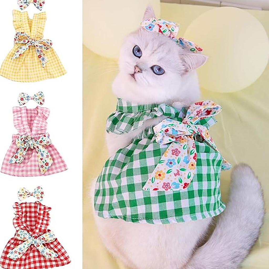Pet Dress With Plaid Print Washable Pet Clothing 1 Set Pet Dress Bow Decor Ruffled Sleeves Dog Plaid Dress Summer Dress With Headdress Pet Supplies