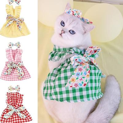 Pet Dress With Plaid Print Washable Pet Clothing 1 Set Pet Dress Bow Decor Ruffled Sleeves Dog Plaid Dress Summer Dress With Headdress Pet Supplies