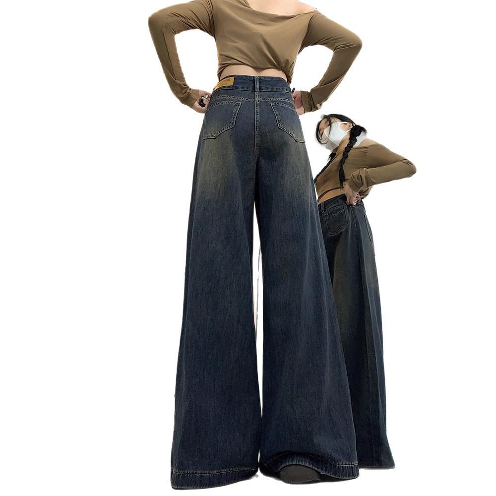 Women's Retro High Waist Wide Leg Flare Jeans - Spring/Autumn Floor-Length Pear Shape Slimming Pants