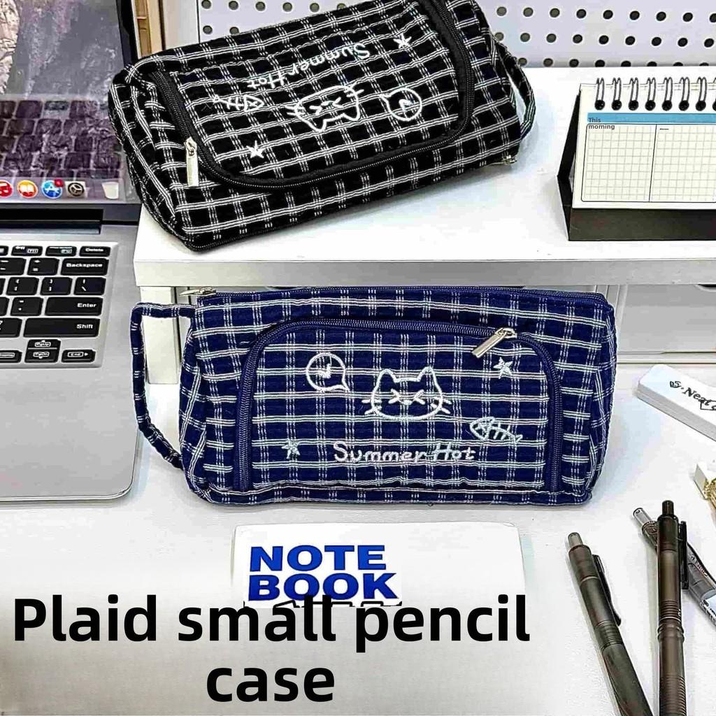 Cute Cat Lattice Pattern Pen Case With Fabric Material For Students And Girls
