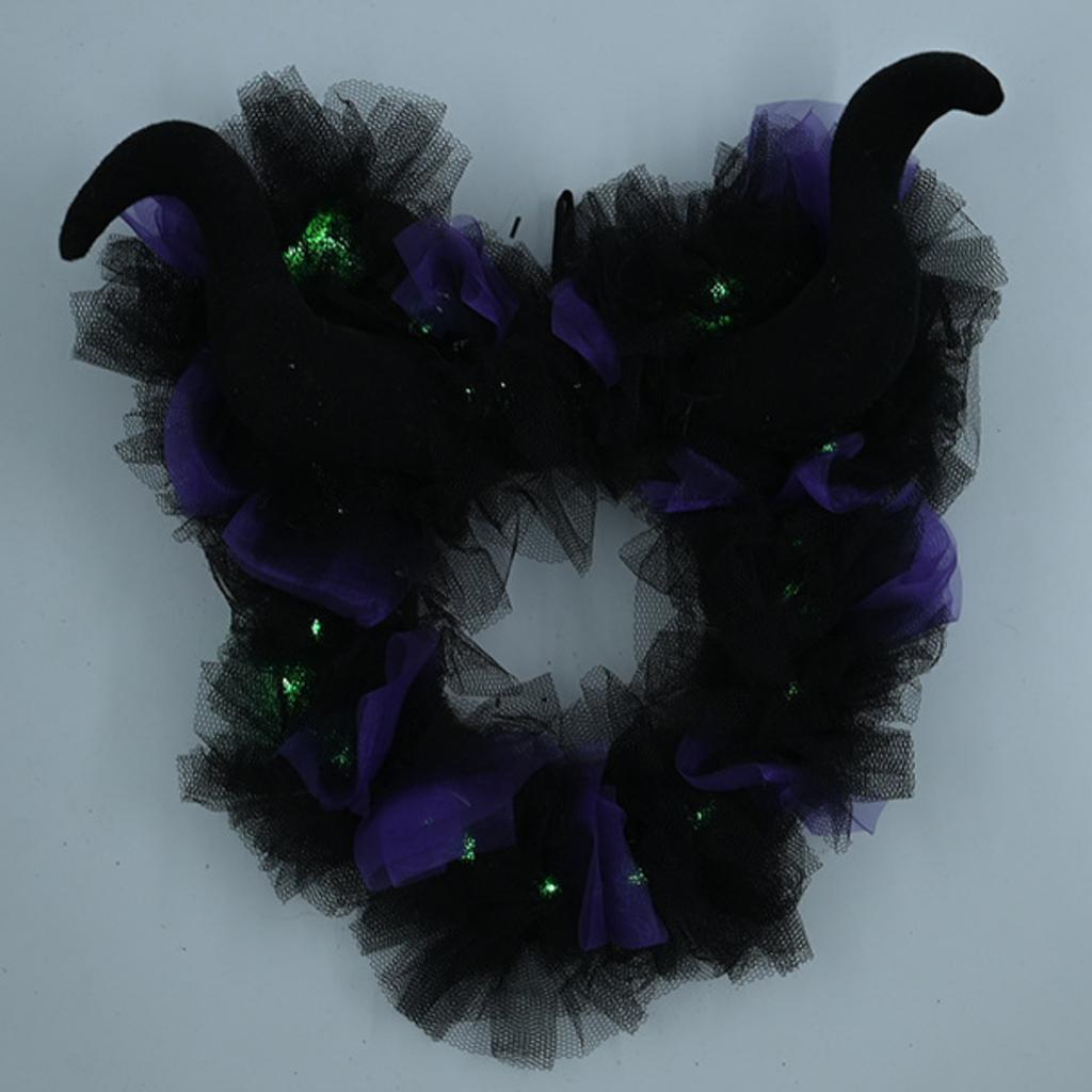 Halloween Black Purple Mesh Decoration Wreath LED Green Light Decoration Horn Funny Lintel Layout Pendant