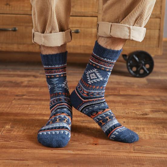 5 Pairs Men Winter Socks Mid-tube Thick Thermal Insulation Ethnic Style Home Wear Floor Socks Colorblock Anti-slip Knitted Daily Wear Sport Socks