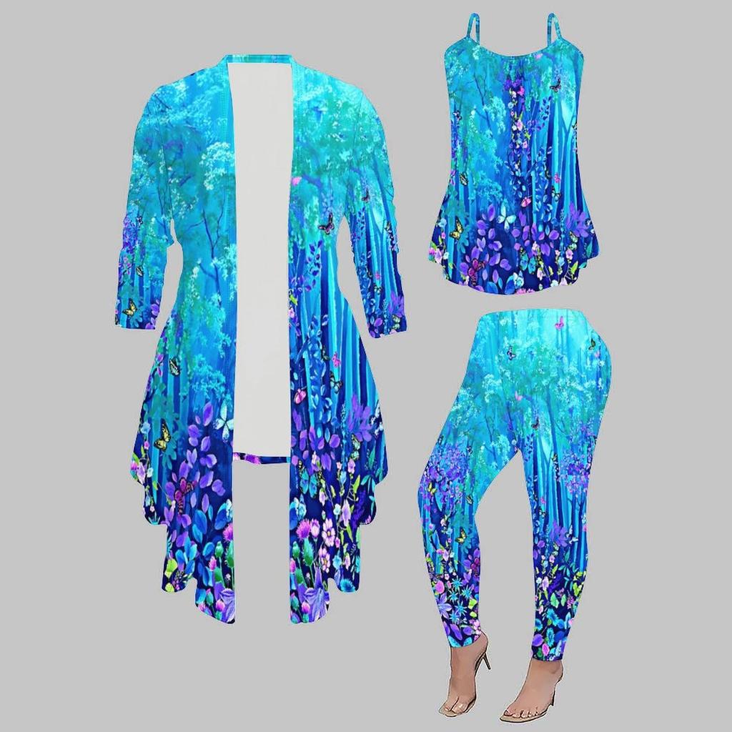 Plus Size Butterfly Print 3 Piece Outfit, Long Sleeve Open Front Cardigan Cami Top Leggings Set for Women