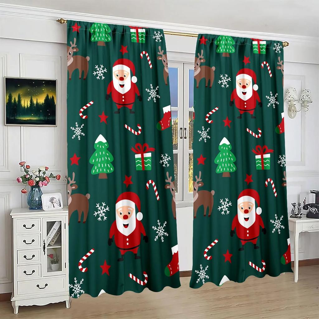 JIT 2 Stück Festliche Weihnachtsmuster Vorhänge   Design Fenster Vorhänge   Polyester   Weihnachts Fenster Dekoration   Haus Dekoration   Stangentasche Vor