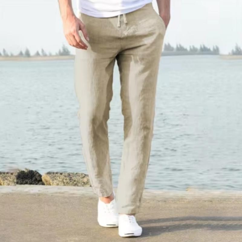 Men's Cotton Linen Long Pants Summer Solid Color Breathable Linen Trousers Male Casual Elastic Waist Casual Pants Harajuku Trous